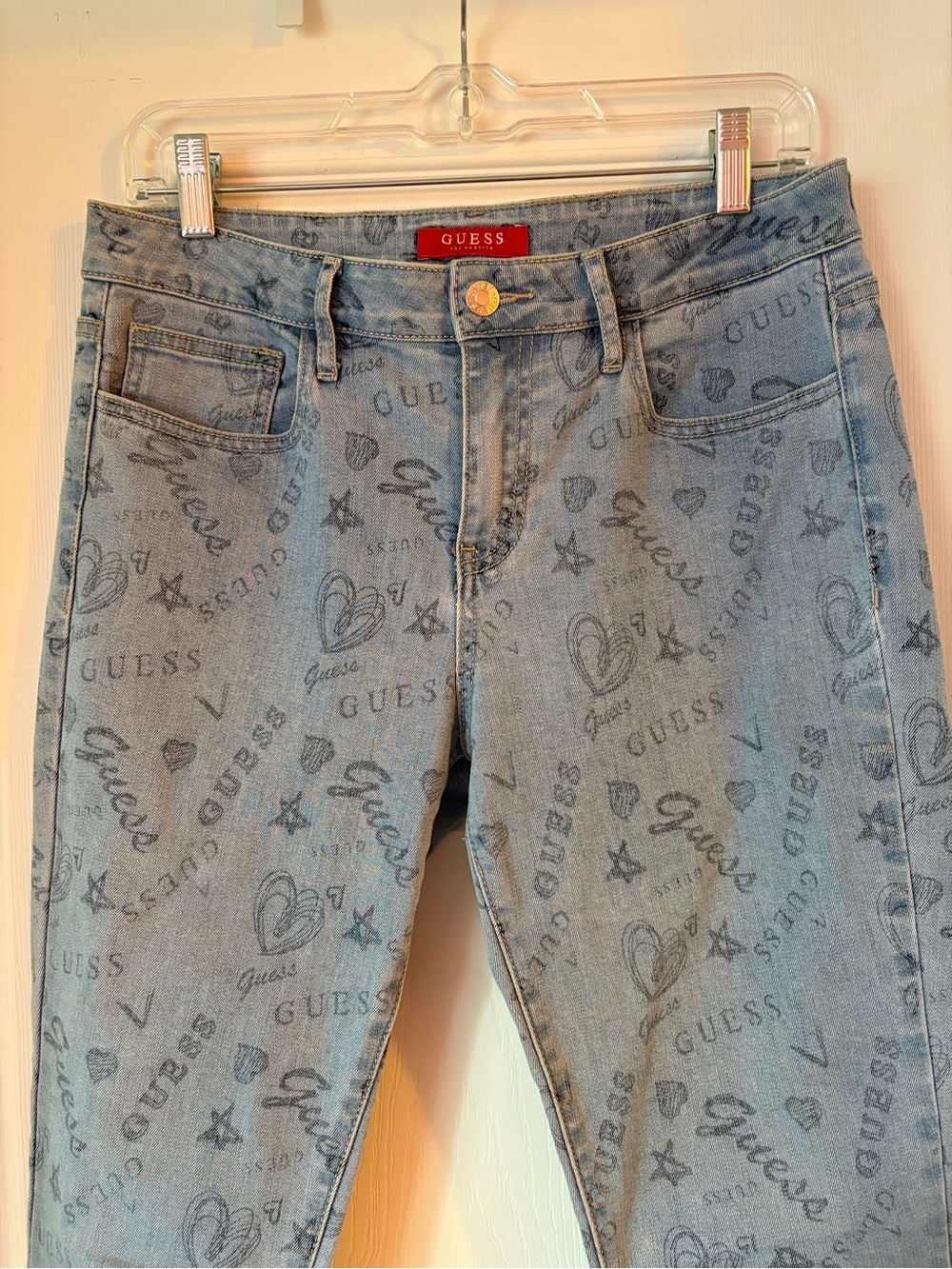 GUESS Y2K Light Blue Skinny Jeans with All-Over Logo & Heart Print